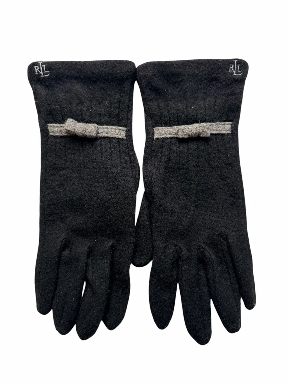 Lauren Ralph Lauren Black Gray Wool Blend Bow Gloves Women’s Size L